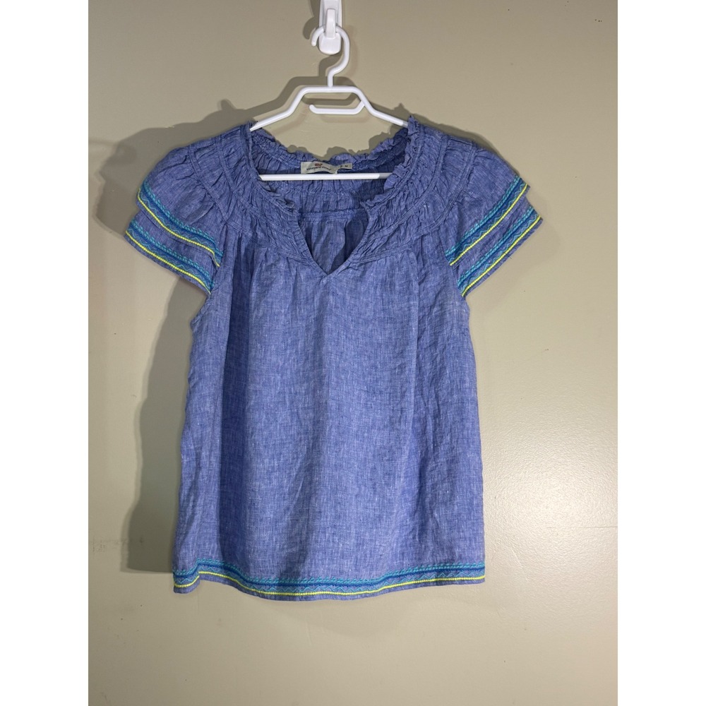 Vineyard Vines Blue Linen Embroidered Trim Flutter Sleeve Top 2W001206 Medium